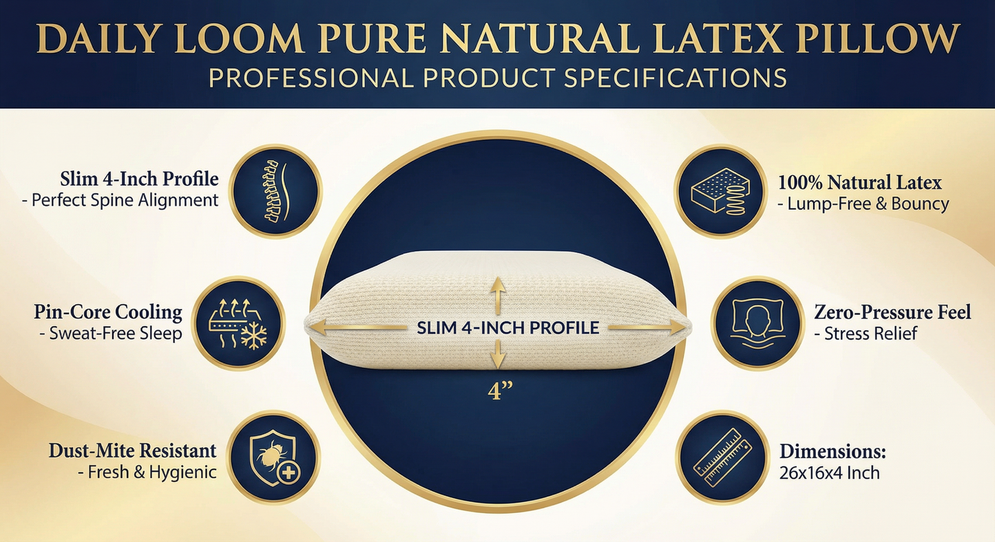Daily Loom Pure Natural Latex Pillow (Slim 4") - Premium Spun Knitted Shell | Cooling, Lump-Free Takiya | Zero-Pressure Orthopedic Support for Stomach & Back Sleepers (26x16x4 Inch)