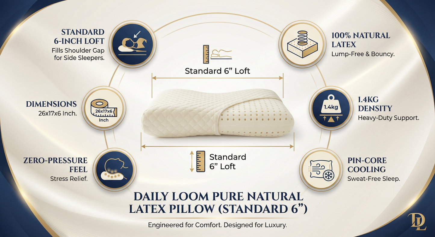 Daily Loom Pure Natural Latex Pillow (Standard 6") - Premium Spun Knitted Shell | Long-Lasting & Lump-Free (1.4kg) | Pin Core Cooling | Zero-Pressure Cervical Takiya for Side Sleepers (26x17x6 Inch)