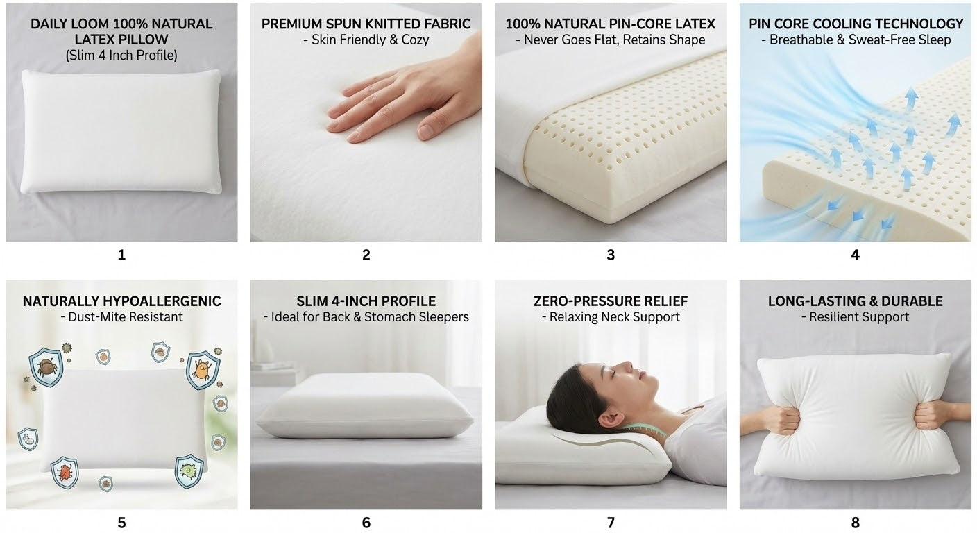 Daily Loom Pure Natural Latex Pillow (Slim 4") - Premium Spun Knitted Shell | Cooling, Lump-Free Takiya | Zero-Pressure Orthopedic Support for Stomach & Back Sleepers (26x16x4 Inch)